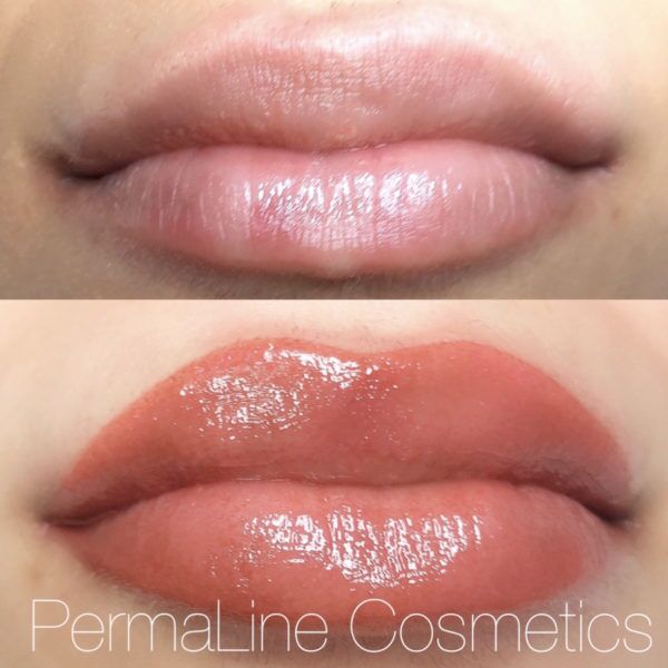 A before and after photo of a lipstick.