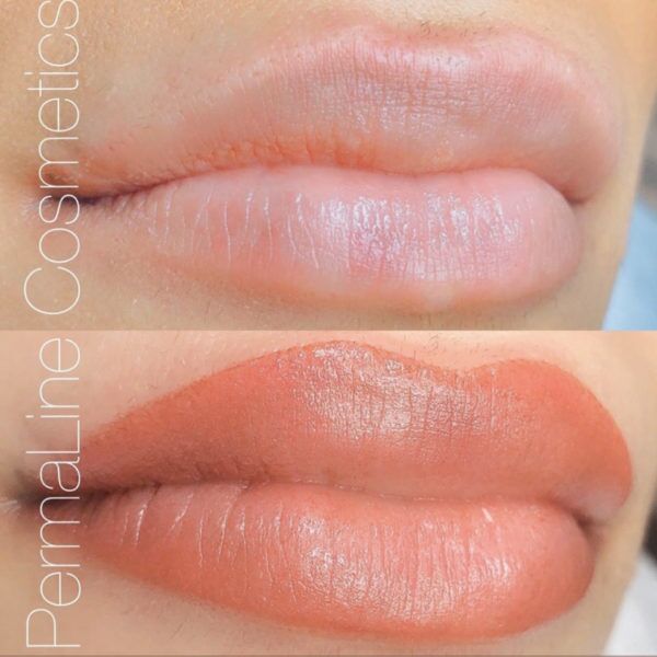 A close up of a woman's lips before and after applying lipstick.