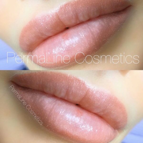 A close up of a woman's lips with the word permanent line cosmetics.