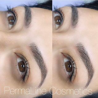 A woman's eyebrows before and after permanent line cosmetics.
